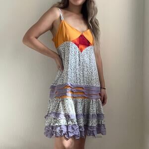 Savage Culture boho patchwork floral ruffle color block mini dress small